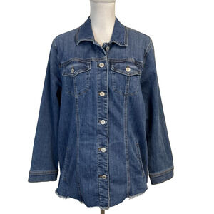 Chico's Denim Jean Barn Jacket size 16 18/3 Stretch Casual Pockets Frayed Hem